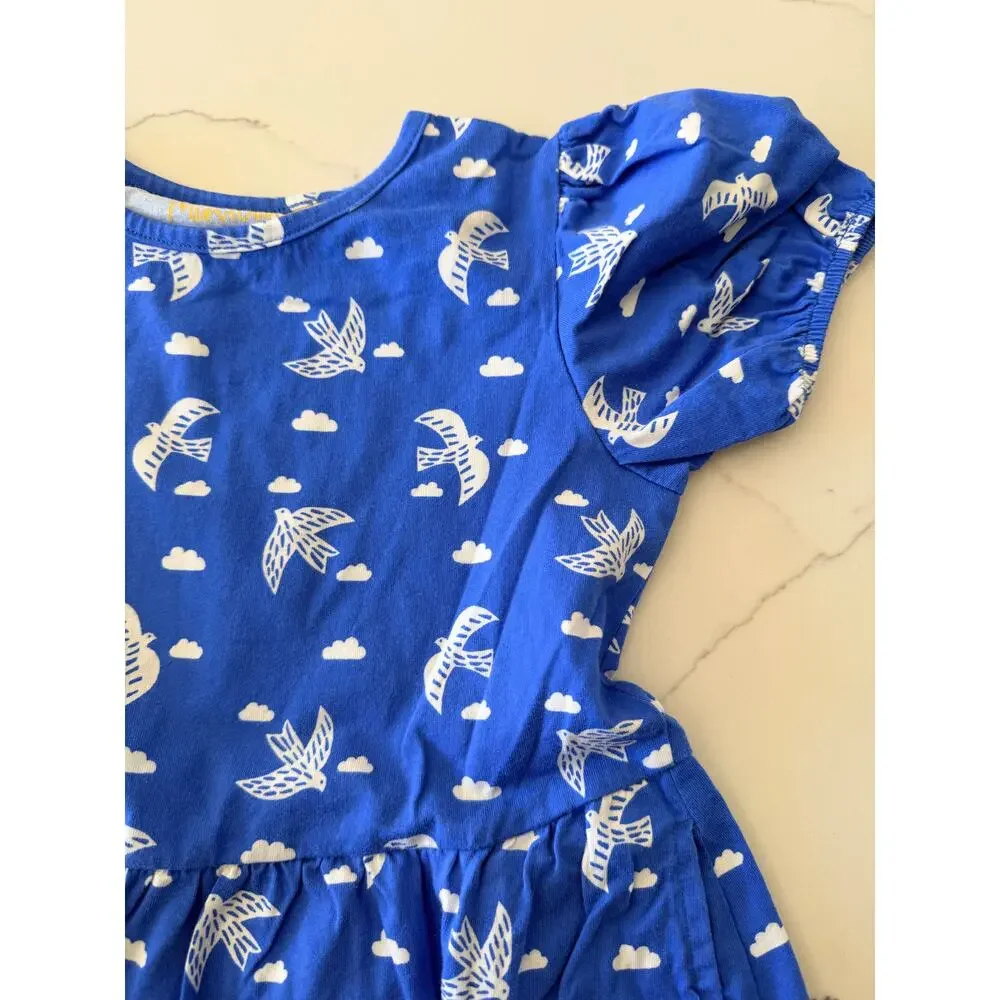 Mini Boden Girls 8/9 Cabana Blue Birds Puff Sleeve Jersey Dress
